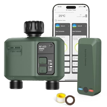 Shrivee WiFi Water Timer 2 Zone for Garden Hose Smart Sprinkler Timer with 984ft RF Range Smart Lawn Watering System Irrigation Controller APPVoice Control Rain Delay AutomaticManual Irrigation