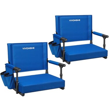 VIVOHOME Stadium Seats with Back Support and Cushion 2 Pack Portable Bleacher Chairs with Cup Holder and Shoulder Strap Blue