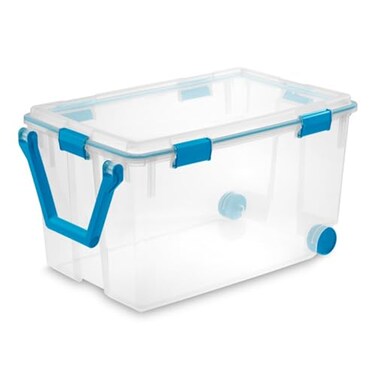 Sterilite 120 Qt Wheeled Gasket Box Stackable Storage Bin with Latching Lid Handle and Tight Seal Plastic Container with Clear Base and Lid 1Pack