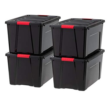IRIS USA 72 QT Plastic Storage Box with Lid and Latches 4 Pack BPAFree Garage Organizing Solution Durable Nestable Stackable Containers Secure Pull Handle Black