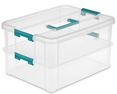 Sterilite 1427CLR Stack Carry 2 Layer Box Clear Lid Blue Handle Seethrough layers