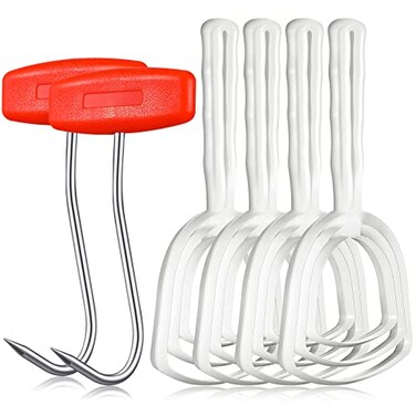 Shimeyao 4 Pcs Bone Dust Scraper and 2 Pcs Meat Hooks for Butchering Fish Scale Scraper Bone Stainless Steel T Shaped Boning Hooks with Handle White Square Meat Remover Butcher Tool Kit