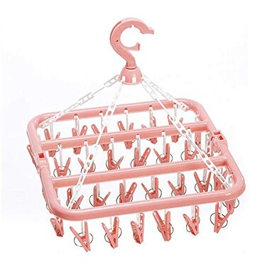 SteelFever Clothes Drying Hanger with 32 Clips Foldable Hanging Drying Rack for Clothes Underwear Socks Light Pink