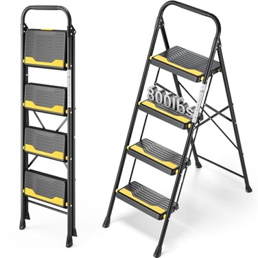 Urackify 4 Step Ladder HeavyDuty Pass 800lb Capacity Test Wide AntiSlip Steps Secure Handrail Compact Folding Step Stool Portable Design for Home Kitchen Office Pantry Closet Use Black