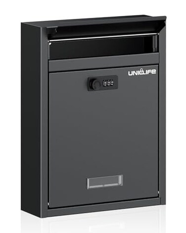 Uniclife Wall Mount Mailbox for Outside Large Locking Mailbox with Combination Lock Security Mail Box for House Safe Key Drop Box Post Box Steel Cash Drop Box for Home Office School Black