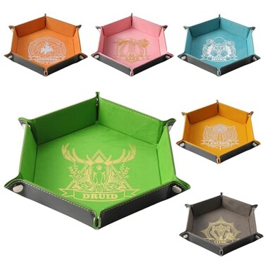 Grajar 6 Pcs DND Dice Tray with Characters Pattern for RPG DD Table Games Folding PU Leather and Velvet Rolling Holder Storage Box