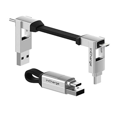 Rolling Square inCharge 6 Keychain USB C Charger Cable Lightning Cable and MicroUSB for Smartphone Universal Cable Charger 6 in 1 USB Plug 15W White