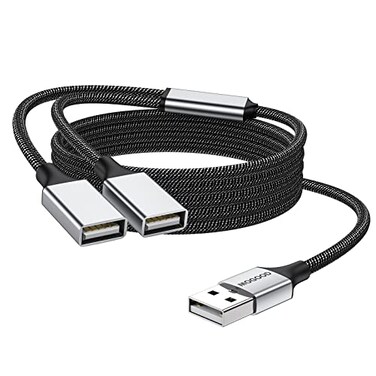 MOGOOD USB Splitter Cable 1m USB A Male to 2 Female YCable Braided Durable Fast Data Transfer for Printer Keyboard Mouse Flash Drive LED Lights PlayStation Plug Play