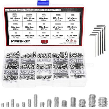 DYWISHKEY Allen Head Socket Hex Grub Screw Set Screw Assortment Kit with 6 Hex Wrenches Internal Hex Drive CupPoint 480PCS M25M3M4M5M6M8 Silver