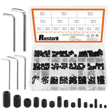 Rustark 450Pcs M3M4M5M6M8 Allen Head Socket Hex Grub Screw Set Assortment Kit with Internal Hex Drive 129 Class Black Alloy Steel