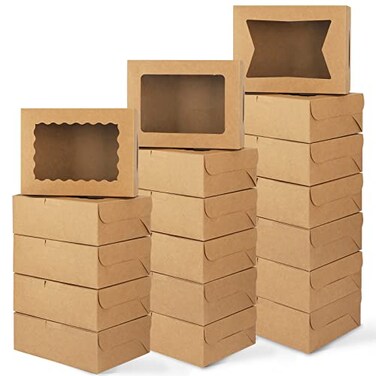 Moretoes 32pcs Cookie Boxes 8x6x25 Bakery Boxes with Window 3 Styles for Chocolate Strawberries Dessert Donuts Cupcakes Muffins