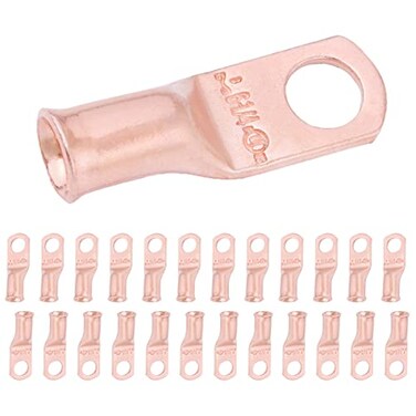 SELTERM 25pcs 6 AWG 14 Stud Battery Lugs Ring Terminals Heavy Duty Copper Wire Lugs Battery Cable Ends 6 Gauge Ring Terminal Connectors UL Bare Copper Eyelets Electrical Battery Cable Lugs