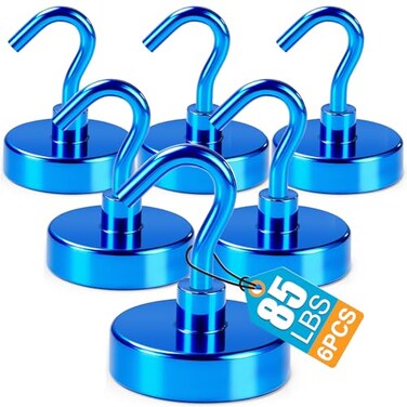 LOVIMAG 6 Pack 85LB Magnetic Hooks Strong Cabin Ship Essentials Hook Heavy Duty Refrigerator Fridge Magnets Hanging for Classroom Beach Vacation Kitchen Grills Home Blue