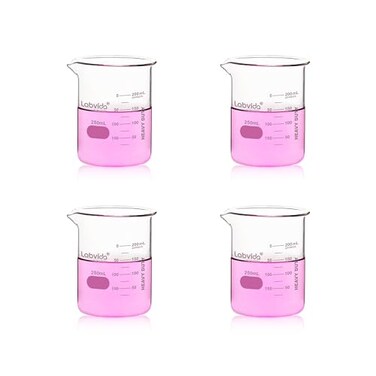 Labvida 4pcs 250ml Upgrated Thick Glass Beakers Griffin Low Form Beaker Set with Double Scale 33 Boro LVA009