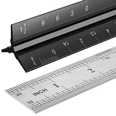 Jotyua Architectural Scale Ruler Set 2 Pack 12 Inch Aluminum Architect Ruler with Standard Metal Ruler Imperial Architect Triangular Ruler with Etching for Architects Engineers Students and Draftsman