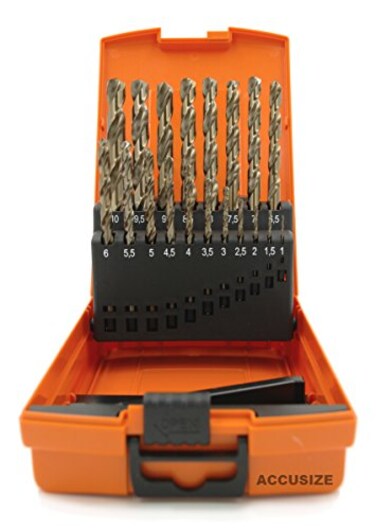 Accusize Industrial Tools M35 HSS Plus 5 Cobalt Metric Drill Set 135 Deg Split Point 1 to 10mm by 05mm in Plastic Box 31101119