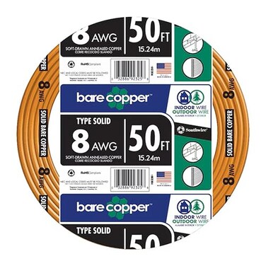 Southwire 8Gauge Bare Copper Wire Solid SoftDrawn Uninsulated Copper Conductor for Grounding Electrical Applications 50ft