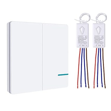 Thinkbee Wireless Lights Switch Kit 2 Gang Wall Switch with Mini Receiver Outdoor 600M Indoor 50M Remote Control Ceiling Lamp LED Bulb IP66 Waterproof