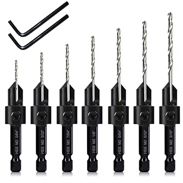 DKIBBITH 7 Pack Countersink Drill Bits Set Wood Drill Countersink Counterbore 3in1 Three 82Degree Chamfer Cutters M2 Counterbore Cutting Depth Adjustable with 2 Allen Wrenches and 14 Hex Shank