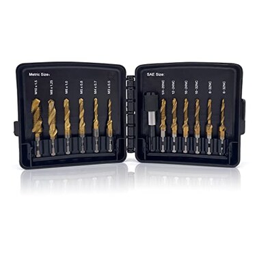 DKIBBITH Combination Drill Tap Bit Set 6 pc SAE 632NC 1420NC and 6 pc Metric M3 M10 Titanium Coated Drill Bits Kit for Drilling Screw Threads Tapping Countersinking with Quick Change Adapter