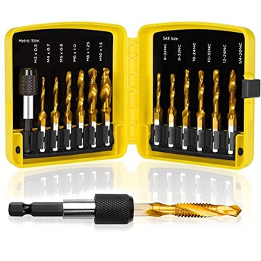 TOPEC Tap Bit Set 3in1 HSS Titanium Coated Combination Drill and Tap Set for Drilling Tapping and Countersinking SAEMetric Threading Drill bit Kit with QuickChange Adapter 13Piece