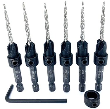 FTG USA 6 Pc 6 964 Countersink Drill Bit Set with Depth Stop Collar Hex Wrench Tapered Drill Bits for Wood