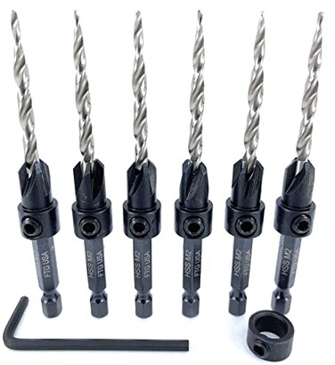 FTG USA 6 Pc 8 1164 Countersink Drill Bit Set with Depth Stop Collar Hex Wrench Tapered Drill Bits for Wood