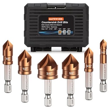 Matework Countersink Drill Bit Set M35 Cobalt HSS Countersink Drill Bits 6 Pieces 14 Inch Quick Change Hex Shank for Metal Wood Stainless Steel Carbon Steel