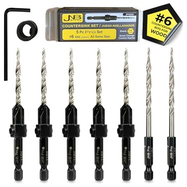 JNB Pro Countersink Drill Bit Set 5pc SelfCentering Woodworking Bits with 4 Flutes M2 HSS Material 14 Hex Change Depth Collar Includes 2 Free Tapered Bits for Precision Drilling 6 964