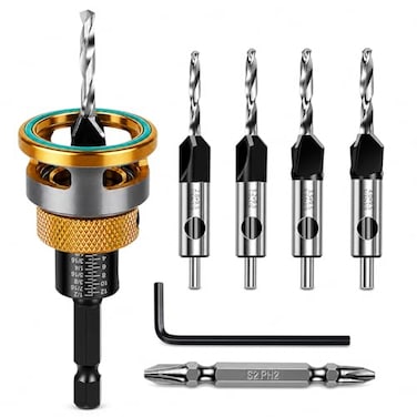 WildBossy Countersink Drill Bit Set with Depth Stop 4PCS HCS Four Blades Wood Countersink Bits with Adjustable Depth Stop L Shape Wrench and S2 PH2 Screwdriver Bit for Wood Plastic Woodworking