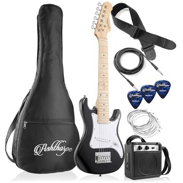 Ashthorpe 30inch Beginner Electric Guitar Kit with Amplifier Black Basic Starter Package wGig Bag Strings Strap Picks