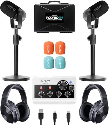 Movo Portable Podcast Equipment Bundle for iPhoneAndroid Phones Podcast Kit with Audio Interface 2 CastMic Dynamic Mics 2 Table Stands For Smartphones Computers PC Mac Lightning USB USBC