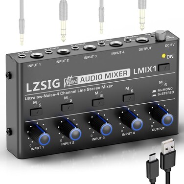 LZSIG Mini Audio Mixer Stereo Line Mixer for SubMixing Ultra LowNoise 4Channel 14 18 TS TRS Output and Input for Electronic Drum Guitars Bass Keyboards