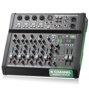 Pyle 8 Channel Audio Mixer 4 XLR Combo Mic Inputs Bluetooth Studio MixerDJ Controller with DSP Digital Effects USBA In with MP3 Player PC Recording LED Level Meter Smooth Dials and Faders