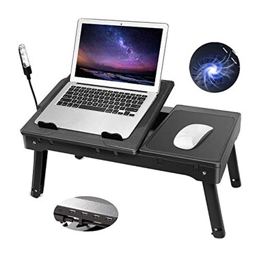 Moclever Laptop Bed Stand Adjustable Laptop Table with Cooling Fan Foldable Laptop Desk with USB Hub LED Light Storage MultiFunctional Computer Tray for Bed Sofa Home and Office