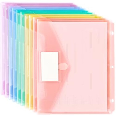 Forvencer Binder Pocket 10 Pack Super Heavyweight Plastic Folders with Tight Closure Binder Folders Side Loading 3 Ring Binder Pocket Binder Dividers with Pockets Letter Size Pastels Series