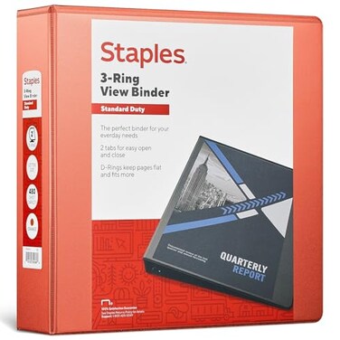 Staples Standard 2Inch 3Ring View Binder Holds Up to 450 Sheets Orange Durable Binder for Office School