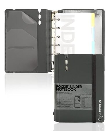 CAGIE A7 Binder 6 Ring Notebook with Dividers Refillable Planner Binder with Pockets A5 Refill Paper Include Planning Square Ruled and Dotted Pages 413 x 571 In Grey A7 HourlyDot Page