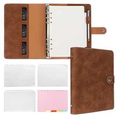 FYY A5 Binder Refillable Planner Notebook 6 Ring PU Leather Binder Journal with Pockets Dividers Refill Paper Brown