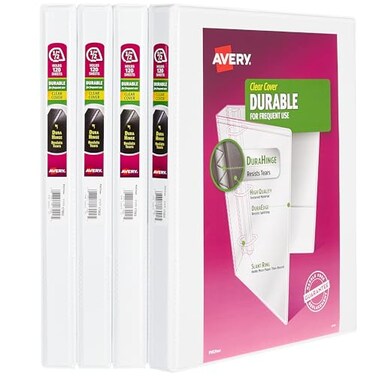 Avery Durable View 3 Ring Binders for Home School Supplies Office or Organization Needs 05 Slant Ring 4 Pack White Binders 03362
