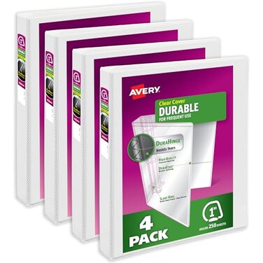 Avery Durable View 3 Ring Binders for Home School Supplies Office or Organization Needs 1 Slant Ring 4 Pack White Binders 17575