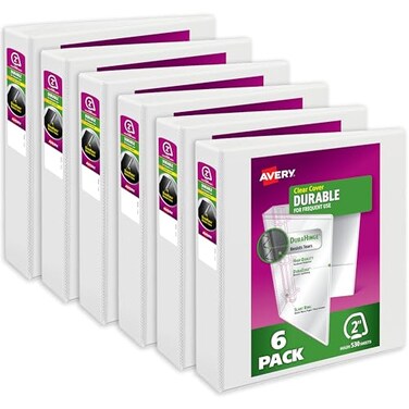 Avery Durable View 3 Ring Binders for Home School Supplies Office or Organization Needs 2 Slant Ring 6 Pack White Binders 17032