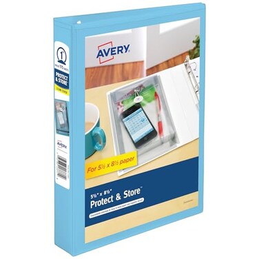 Avery Mini Durable View Protect Store 3 Ring Binder Holds 55 x 85 Paper 1 Round Rings 175Sheet Capacity 14 Inch Wide Spine Includes Fully Enclosed Pocket 1 Light Blue Binder 23014