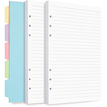 Billtigif A5 Refill Paper Planner Inserts for A5 Binder Budget Planner Journals Notebook 6 Ring Loose Leaf Lined Paper with Binder Dividers 240 Pages White