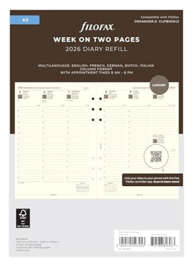 Filofax A5 week on two pages column format 5 language cotton cream 2026 diary 2668513