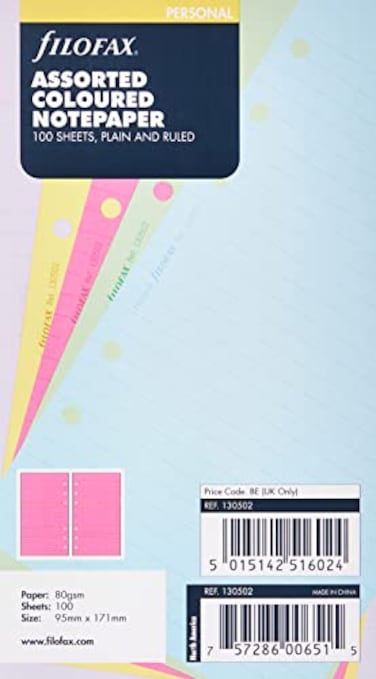 Filofax Personal Assorted Coloured Notepaper Plain and Ruled Value Pack 100 Sheets 95mm X 171mm