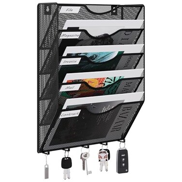 EasyPAG 5 Pocket Mesh Wall File Organizer with Key Hooks Hanging Paper Folder Holder with Classify Label Vertical Wall Mount Mail Organizer for Office Home Classroom Black