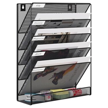 EasyPAG 5 Tier Wall File Holder Mesh Hanging Folder Organizer with Classify Label Versatile Desk File Holder Vertical Wall Mounted Mail Organizer for Office Home Cubicle Black