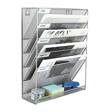 EasyPAG 5 Tier Wall File Holder Mesh Hanging Folder Organizer with Classify Label Versatile Desk File Holder Vertical Wall Mounted Mail Organizer for Office Home Cubicle Silver