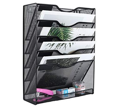 EasyPAG 5 Tier Wall File Holder Mesh Hanging Folder Organizer with Classify Label Versatile Desk File Holder Vertical Wall Mounted Mail Organizer for Office Home Cubicle Black Closed Sides